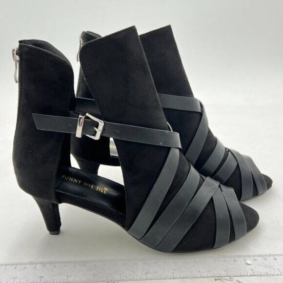 Black Peep Open Toe Sandals Boot Cut Out Buckle Ankle Bootie Low Heel Shoes